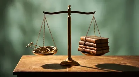 Balance scales weighing a stethoscope against law books