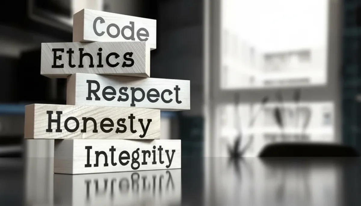Wooden blocks reading code, ethics, respect, honesty and integrity